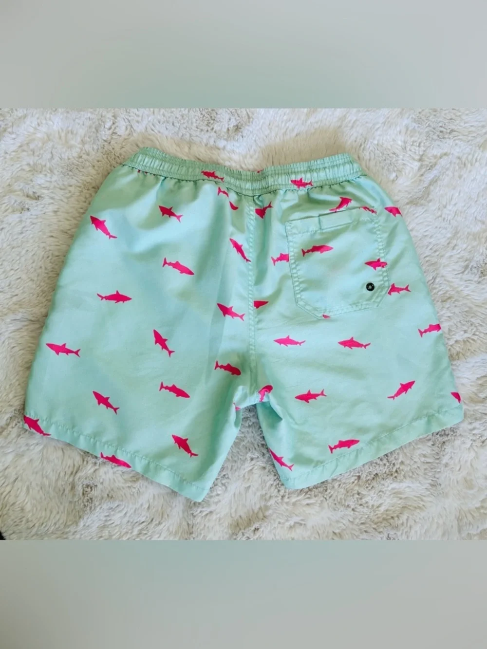 maamgic Green Lines Swim Trunks Shorts With Orange Sharks  Shorts Size: Small